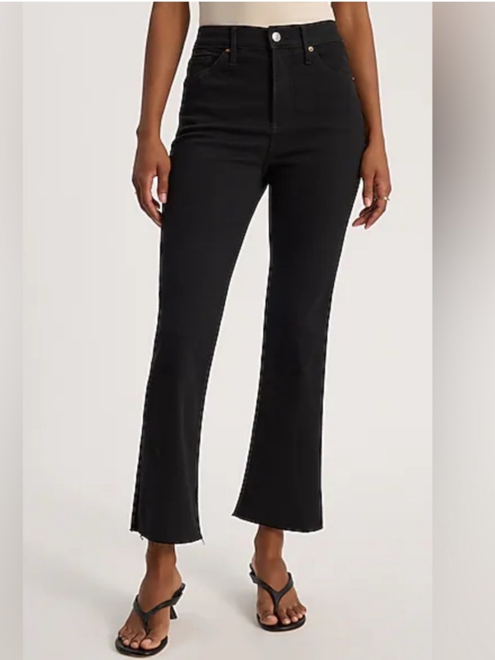 Express High Waisted Black Wash Raw
Hem Flexx Cropped Flare Jeans